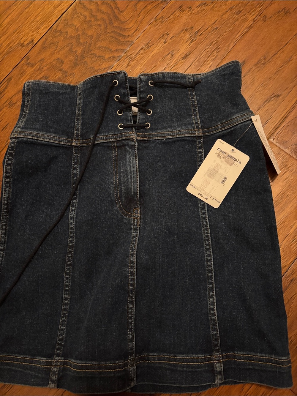 Free People Dark Blue Lace-Up High-Waist Denim Skirt